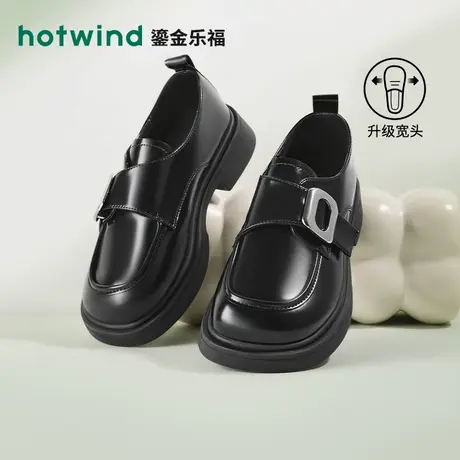 热风厚底乐福鞋女款2024年秋季新款英伦风黑色经典魔术贴圆头单鞋商品大图