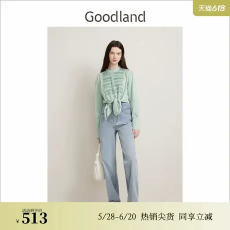 Goodland美地春季法式优雅风琴褶圆领纯棉衬衫设计感上衣商品大图