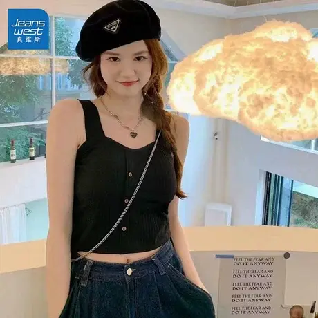GL真维斯黑色吊带背心女2025夏季新款辣妹修身显瘦百搭无袖上衣潮图片