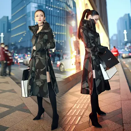 VJE秋冬装新款 时尚迷彩中长款高领显瘦修身棉衣棉服外套女图片