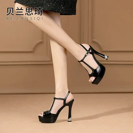 真皮一字带厚底外穿鱼嘴粗跟凉鞋女2025夏季新款防水台超高跟鞋图片