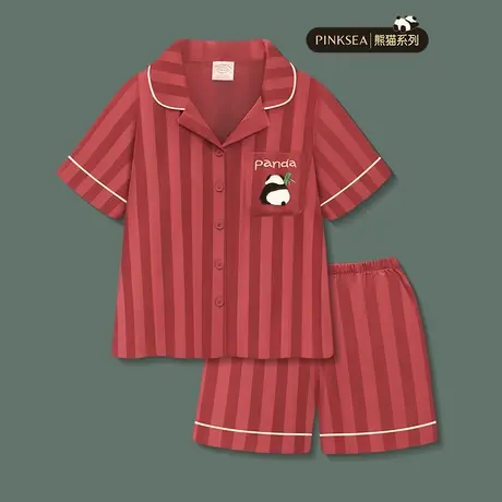 Pinksea睡衣女款夏高级感熊猫冰丝短袖家居服红色条纹女士套装图片