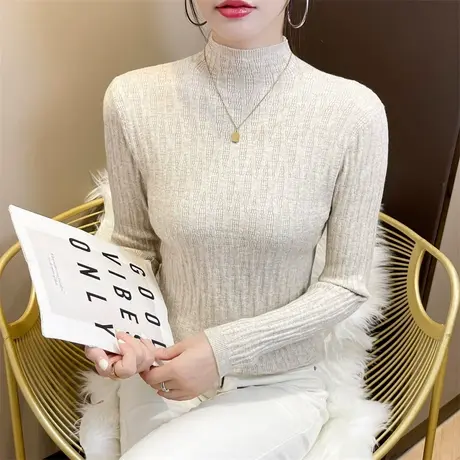 毛衣女秋冬新款纯色长袖针织衫套头半高领内搭修身紧身韩版打底衫商品大图