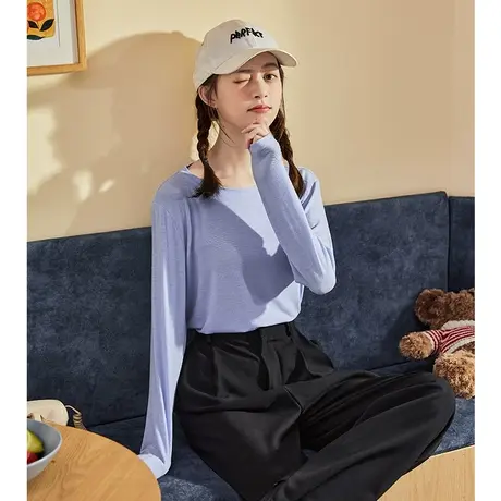 唐狮春装新款女长袖T恤打底衫圆领内搭百搭纯色简约上衣修身商品大图