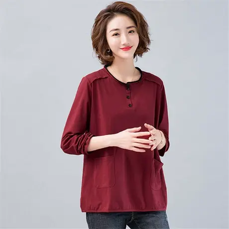 春秋季加肥加大码女装宽松显瘦全棉长袖T恤女中年妈妈体恤打底衫商品大图