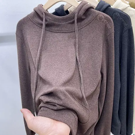 欧货双面德绒连帽卫衣女2022秋冬新款宽松磨毛下摆不规则打底帽衫商品大图