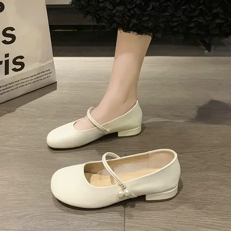 玛丽珍鞋女粗跟单鞋2023新款方跟低跟配裙子小皮鞋法式温柔豆豆鞋商品大图