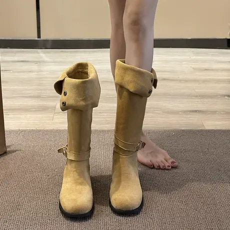 靴子女2023新款卡其色粗跟时装长筒靴高级显瘦秋季复古西部牛仔靴图片