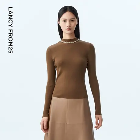 LANCY/朗姿2023秋季新款纯棉羊毛针织衫女长袖修身套头上衣时尚商品大图