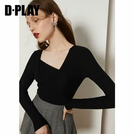 DPLAY德帕拉秋冬款黑色交叉领打底针织上衣显瘦气质毛衣图片