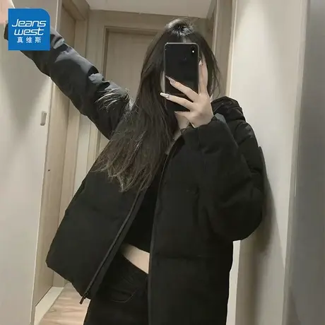 GL真维斯黑色短款棉服女2025冬季新款宽松显瘦面包服保暖连帽外套图片