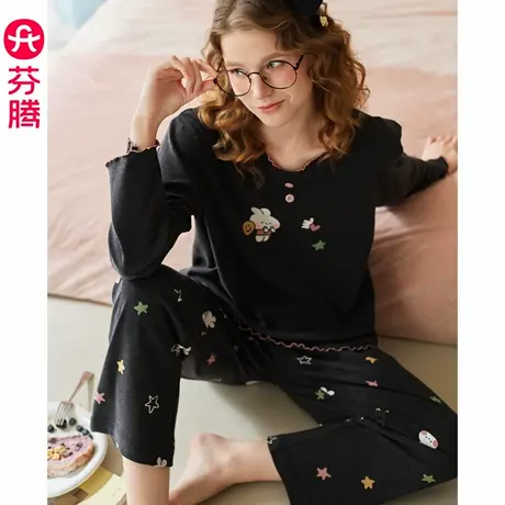 芬腾睡衣女士春秋季纯棉长袖长裤女款可爱布朗熊抗静电家居服套装商品大图