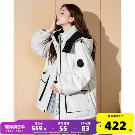 【防水】唐狮2024冬季新款工装羽绒服女连帽撞色休闲鸭绒羽绒外套商品大图