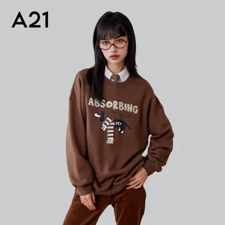 A21女装针织宽松圆领落肩绒底卫衣休闲小狗印花百搭长袖套头卫衫商品大图