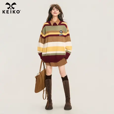 KEIKO 日系复古条纹撞色针织衫25秋冬中性风软糯羊毛混纺宽松毛衣商品大图