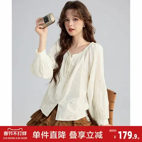 唐狮2026春季新款女蕾丝长袖衬衫米杏色甜美风泡泡袖休闲宽松上衣图片