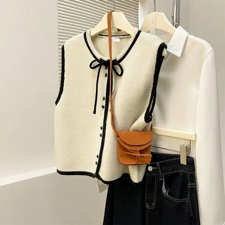 唐狮秋冬季女毛衣气质风撞色边设计温柔马甲开衫背心通勤职场TM图片