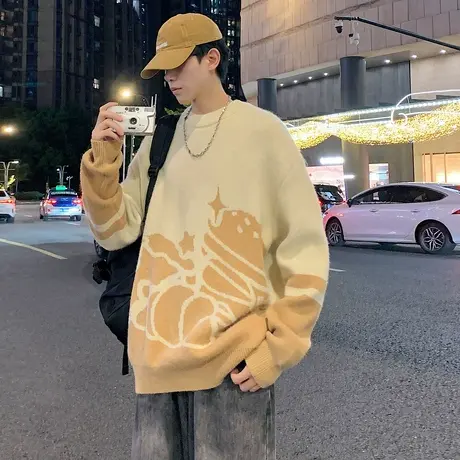 唐狮秋冬季新款男毛衣日系休闲撞色图案提花潮牌男装毛衫青少年TE图片