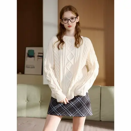 唐狮秋冬新款圆领净色套头麻花毛衣女软糯慵懒松弛感毛线衫TD图片