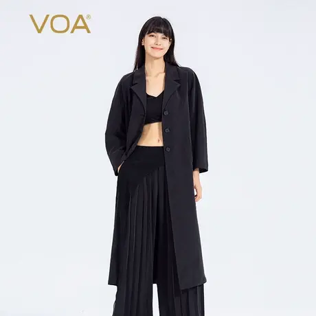 VOA40姆米重磅真丝极地黑西装领三粒扣斜插袋加厚长袖风衣外套秋商品大图