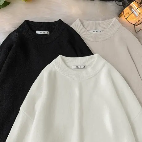 圆领毛衣男2023新款秋冬季针织毛线衣潮流宽松外穿软糯慵懒风毛衫商品大图