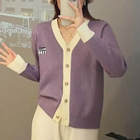 2023秋冬新款时尚休闲针织开衫女装外套洋气百搭V领长袖外穿毛衣图片