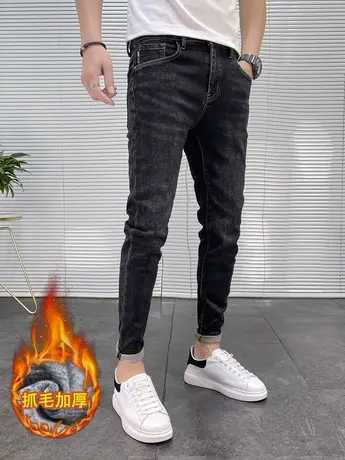 2023冬季新款男士加厚显瘦修身牛仔裤潮流男款百搭加绒休闲长裤男商品大图
