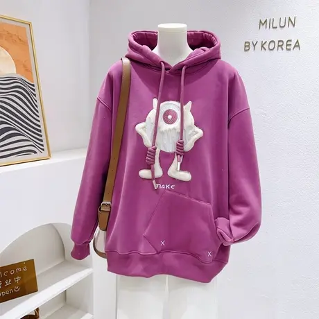 秋冬韩代款复古原宿风港味外套欧货宽松大版毛毛怪兽连帽加绒卫衣商品大图