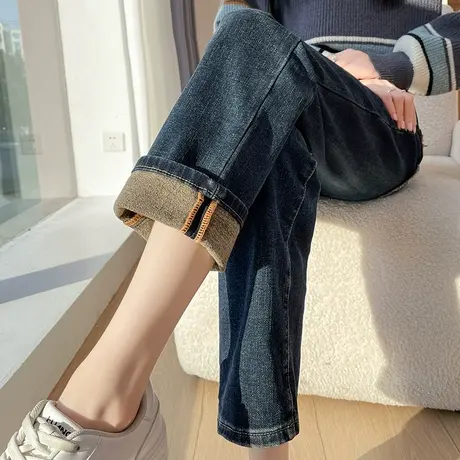 抓绒九分牛仔烟管裤女秋冬2023新款高腰宽松加绒加厚小个子直筒裤商品大图