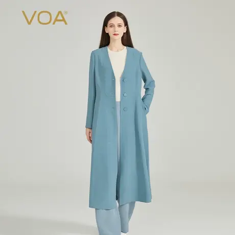 VOA40姆米鬼纡桑蚕丝冰蓝V领长袖三粒扣直筒宽松腰中长款真丝风衣商品大图