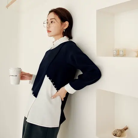 桔熊春秋季通勤小衫钉珠不对称拼接撞色长袖上衣女大码AB16617商品大图