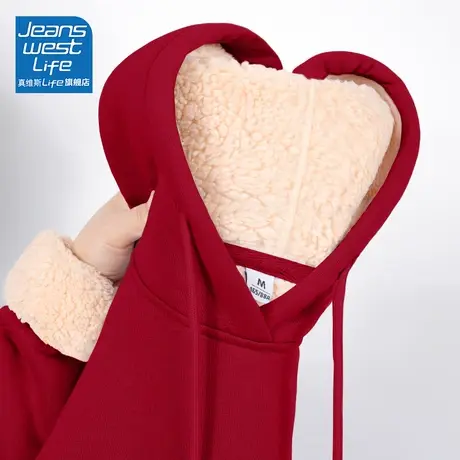 真维斯LIFE红色加绒加厚卫衣女2023新款爆款连帽羊羔绒外套女秋冬商品大图