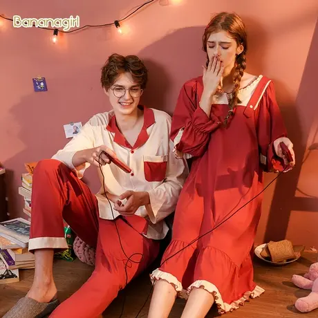 Bananagirl情侣睡衣春秋女纯棉睡裙可爱甜美全棉家居服新婚连衣裙商品大图