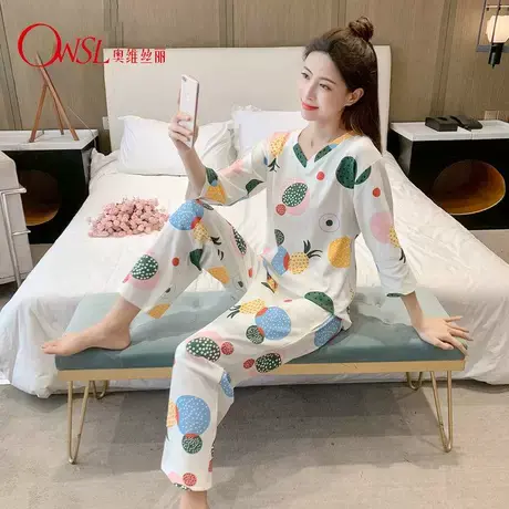 七分袖睡衣女春夏季薄款九分裤两件套清新宽松家居服商品大图
