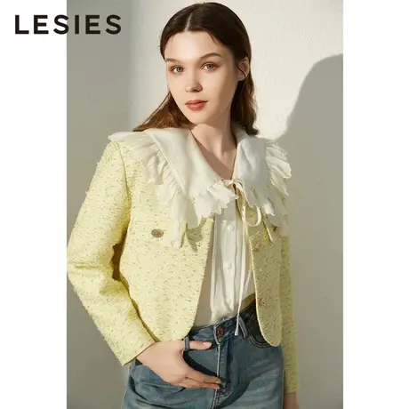 蓝色倾情2022冬季女装 二色入亮丝圆领早秋气质高级感小香短外套商品大图