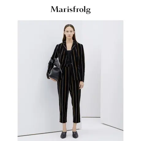 Marisfrolg玛丝菲尔2019冬季新款条纹休闲裤九分裤哈伦裤撞色裤子商品大图