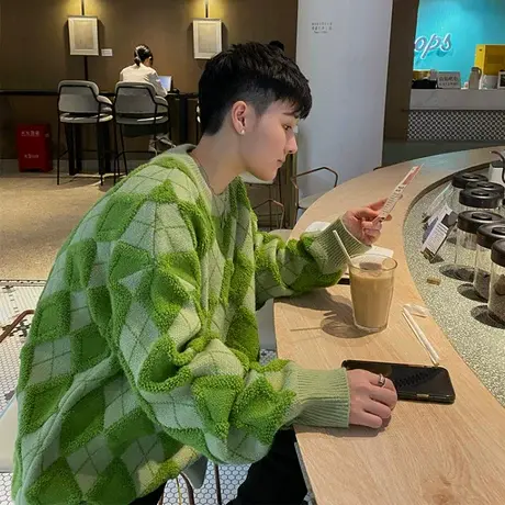 圆领春秋毛衣男潮牌菱形格保暖毛线衣服潮流套头软糯打底衫针织衫商品大图