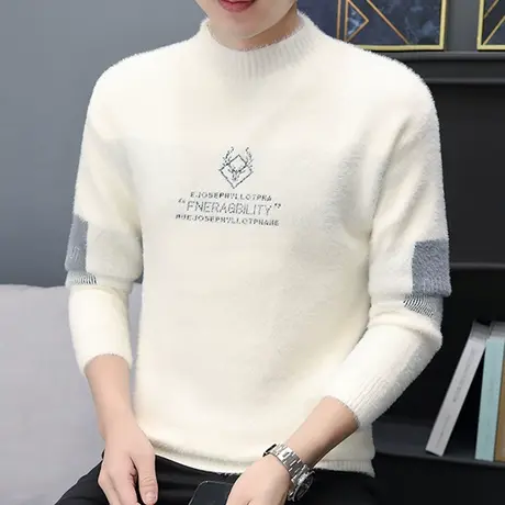 男士半高领毛衣水貂绒韩版修身加厚字母印花羊毛衫黄金貂绒针织衫商品大图