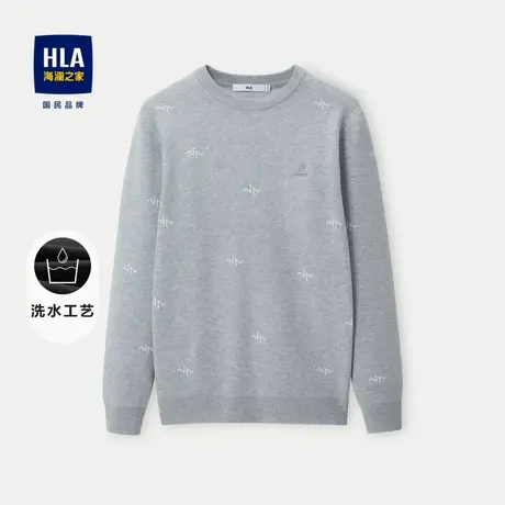 HLA/海澜之家字母刺绣针织衫23秋季圆领水洗休闲风保暖毛衣男商品大图