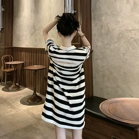 大码女装夏季新款胖mm中长款宽松显瘦遮肚藏肉条纹短袖T恤女上衣图片