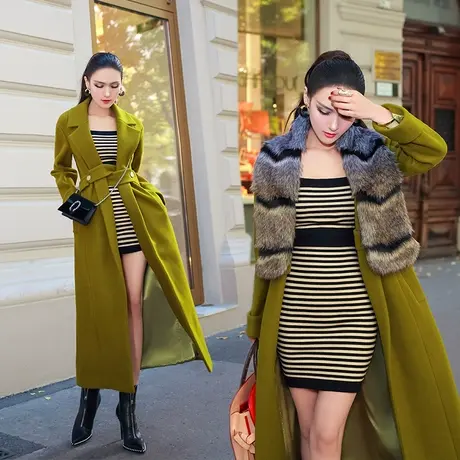 VJE秋冬装新款 时尚气质中长款毛呢大衣风衣外套送毛领潮女商品大图