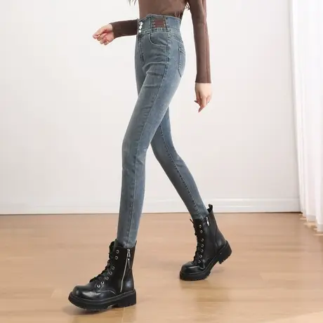 时尚牛仔裤2023年冬季新款女高腰显瘦百搭温柔紧身加绒厚款小脚裤商品大图