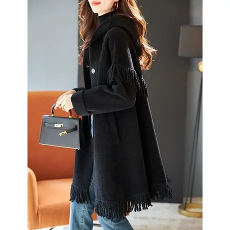 宝诗黎连帽流苏中长宽松纯色外套2023秋冬新款单排扣女士韩版开衫商品大图