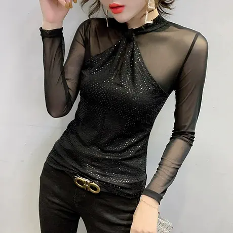 女装新款网纱拼接闪亮T恤女长袖春秋设计感洋气上衣紧身打底衫潮商品大图