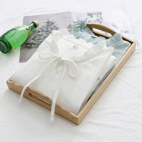 2020春秋新款日系文艺清新纯色全棉木耳领系带长袖衬衫女宽松上衣商品大图