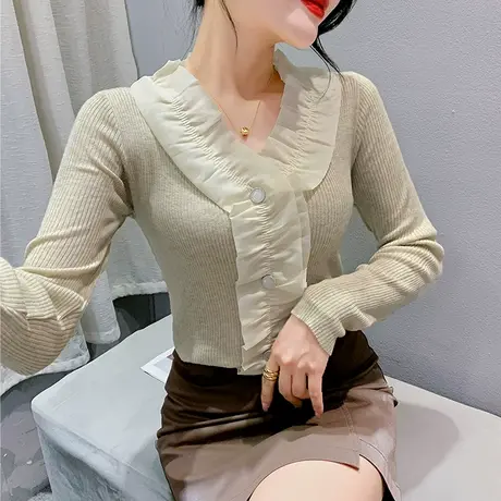 欧货木耳边套头V领针织衫气质减龄秋季长袖上衣洋气修身打底衫潮商品大图