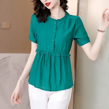 棉麻短袖衬衫女2023新款女装大码休闲中长款衬衣夏季上衣服薄款女商品大图