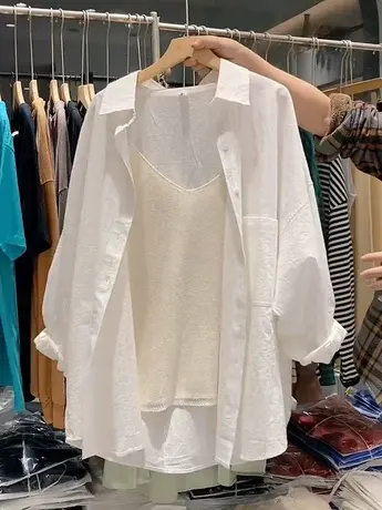 2023早春设计感小众蓝色长袖衬衣女韩系慵懒风宽松百搭大码外套商品大图