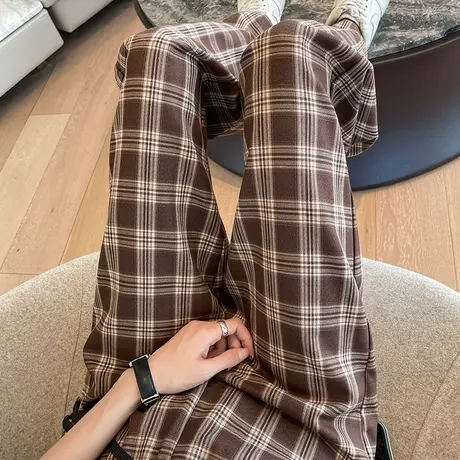 格子裤子女春秋季新款2023高腰宽松直筒长裤显瘦垂感休闲阔腿裤子商品大图