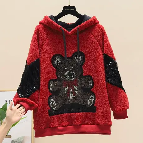 欧货潮2023冬季新款连帽加绒加厚重工亮片烫钻小熊卫衣炸街外套女商品大图